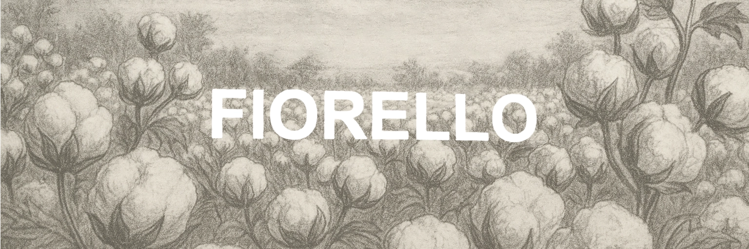 Vintage cotton field illustration with the word Fiorello in bold letters across the center.