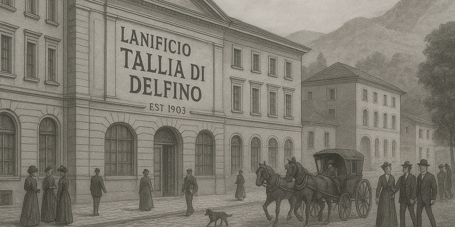 Historical scene of Lanificio Tallia di Delfino textile factory, established 1903, with people and horse-drawn carriage.