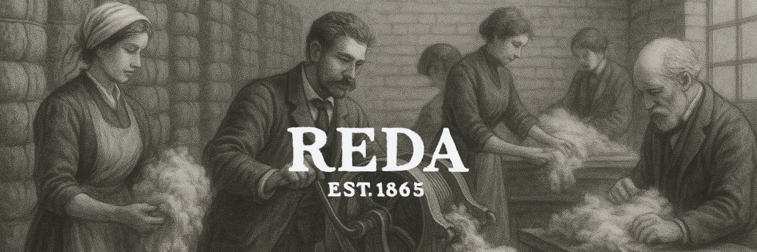 Vintage textile workers processing wool, Reda established 1865, sepia illustration of historical fabric production.