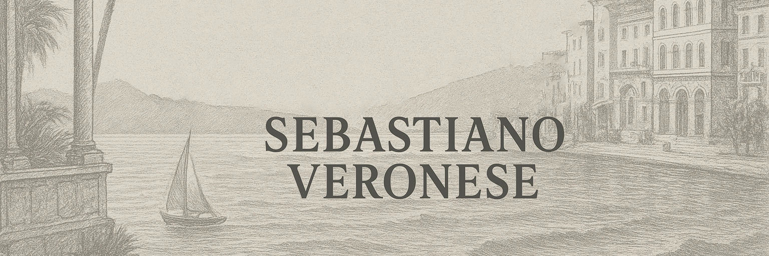 Text Sebastiano Veronese over a vintage coastal sketch with sailboat and historic buildings.