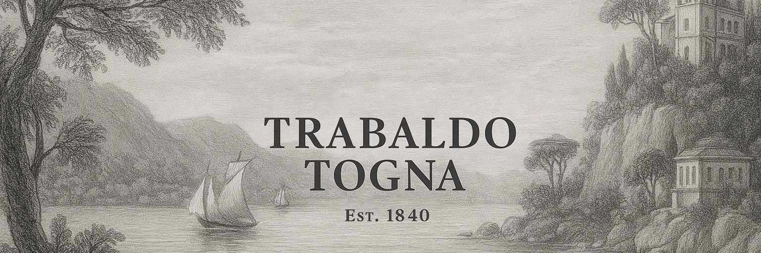 Vintage Trabaldo Togna logo with a classic landscape sketch, established 1840, featuring sailing boat and trees.