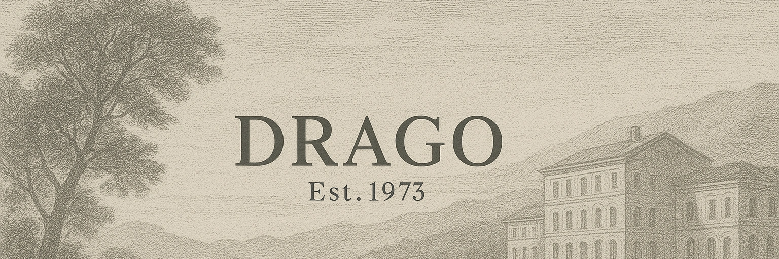 Drago logo with vintage landscape, Est. 1973. Historic building and tree in background.