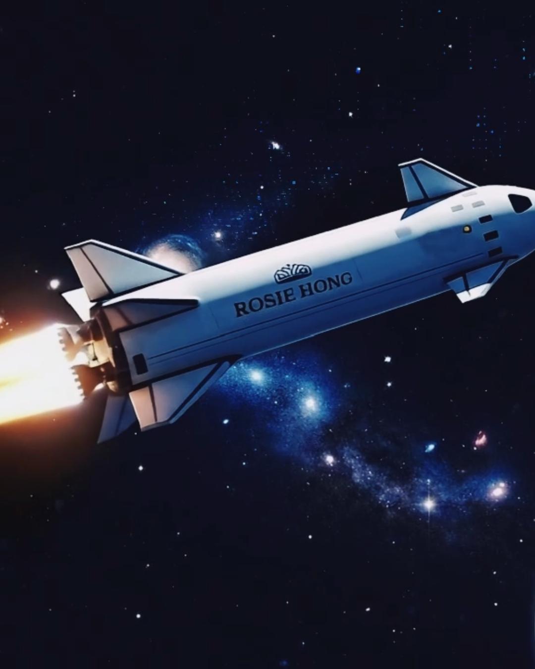 Space shuttle Rosie Hong soaring through a starry galaxy with a fiery rocket trail behind it.
