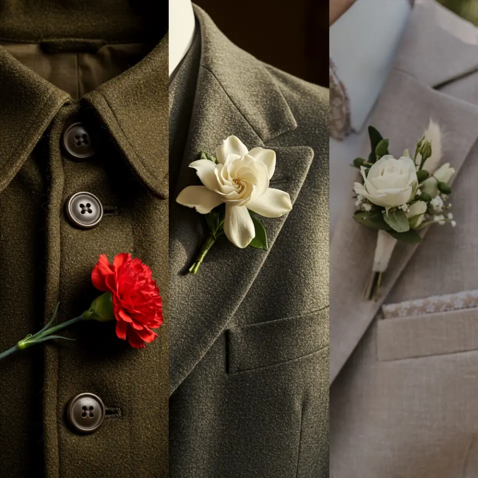 Three suits with boutonnières: red carnation, white gardenia, and cream rose on different fabric textures.