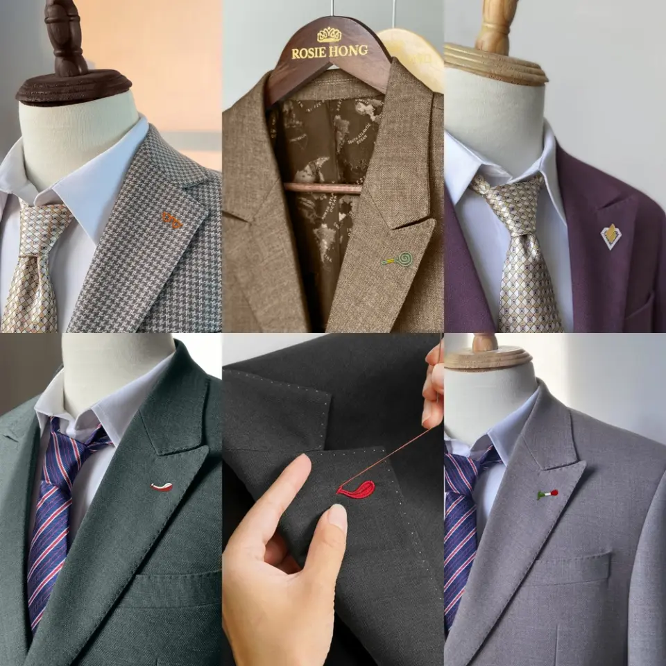 Collection of stylish suits featuring unique lapel pins and intricate stitching details.