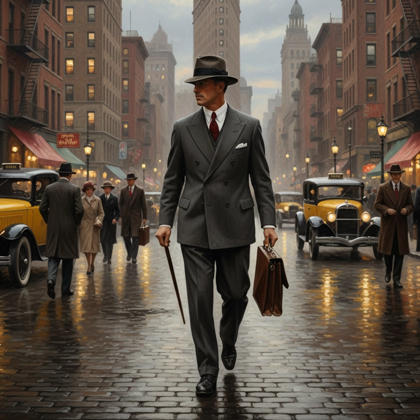 Man in a vintage American-style suit and fedora walking down a cobblestone street with classic cars.
