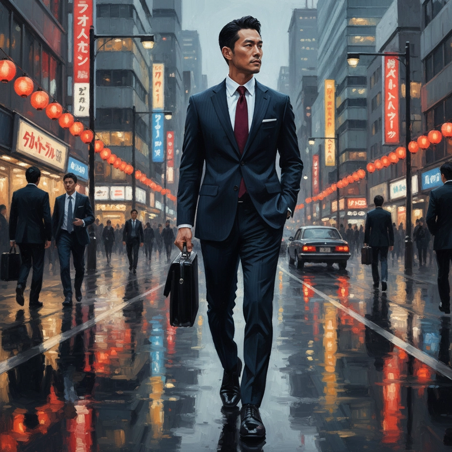 Asian man in a tailored suit walking through a neon-lit city street with a briefcase.