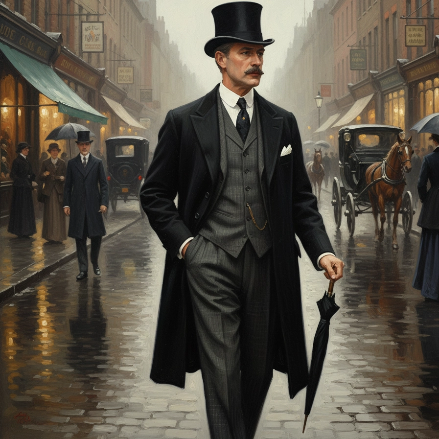 Victorian gentleman in European style, wearing a tailored suit and top hat on a rainy cobblestone street.