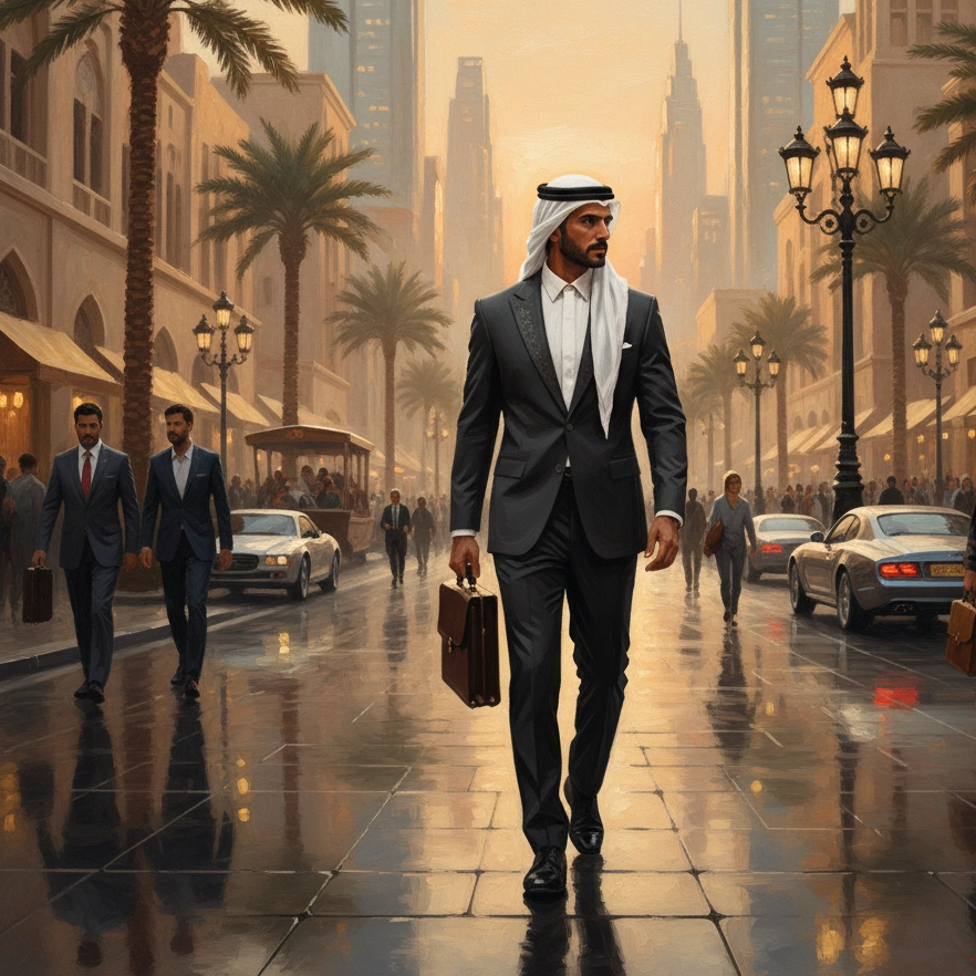 Middle Eastern man in a tailored suit walking along a refined, palm-lined city street.