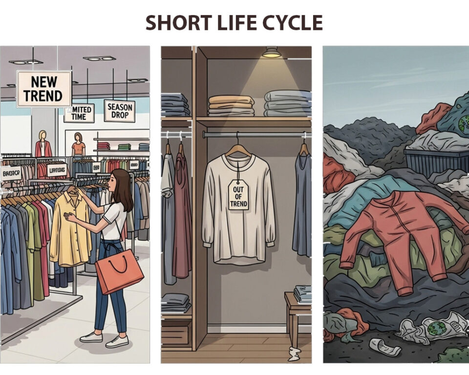 Fashion lifecycle illustration: new trends in store, out-of-trend in closet, and discarded clothes in landfill.
