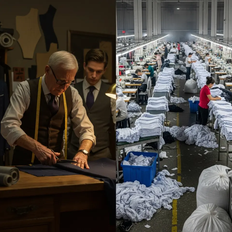 Tailor crafting suit in workshop beside a bustling garment factory with rows of workers and fabric stacks.