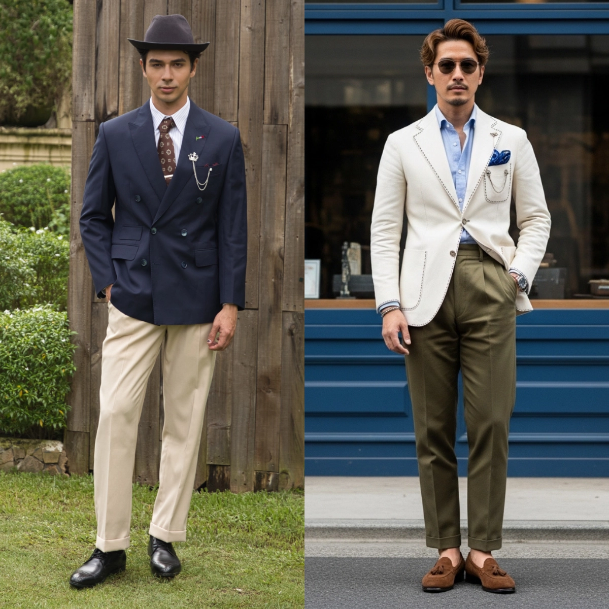 Two men in stylish suits; one in a navy jacket with hat, the other in a white blazer with sunglasses.