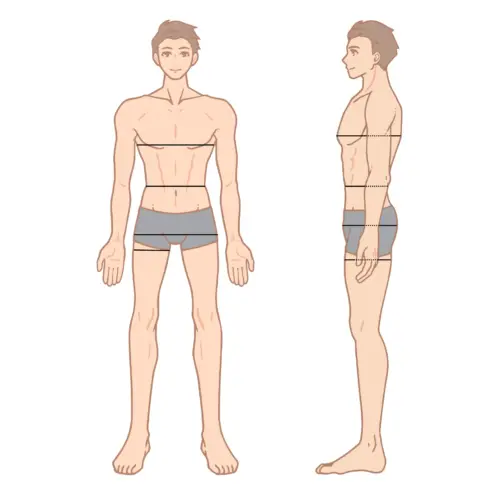 Anime male body front and side view with measurement lines, wearing gray shorts.