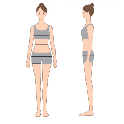 Illustration of a woman in gray sports attire, front and side views, with body measurements highlighted.