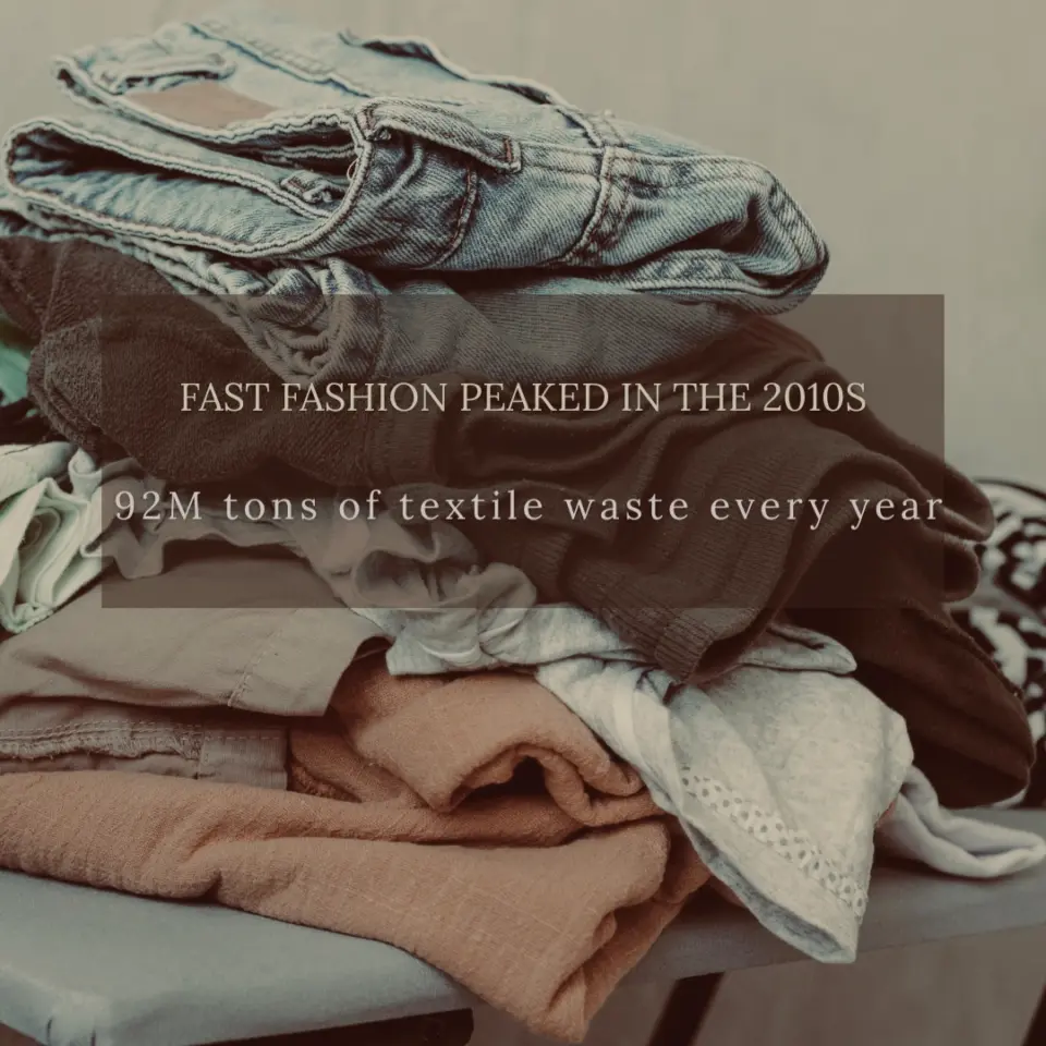 Pile of clothes highlighting fast fashion peak in 2010s and 92 million tons of annual textile waste.