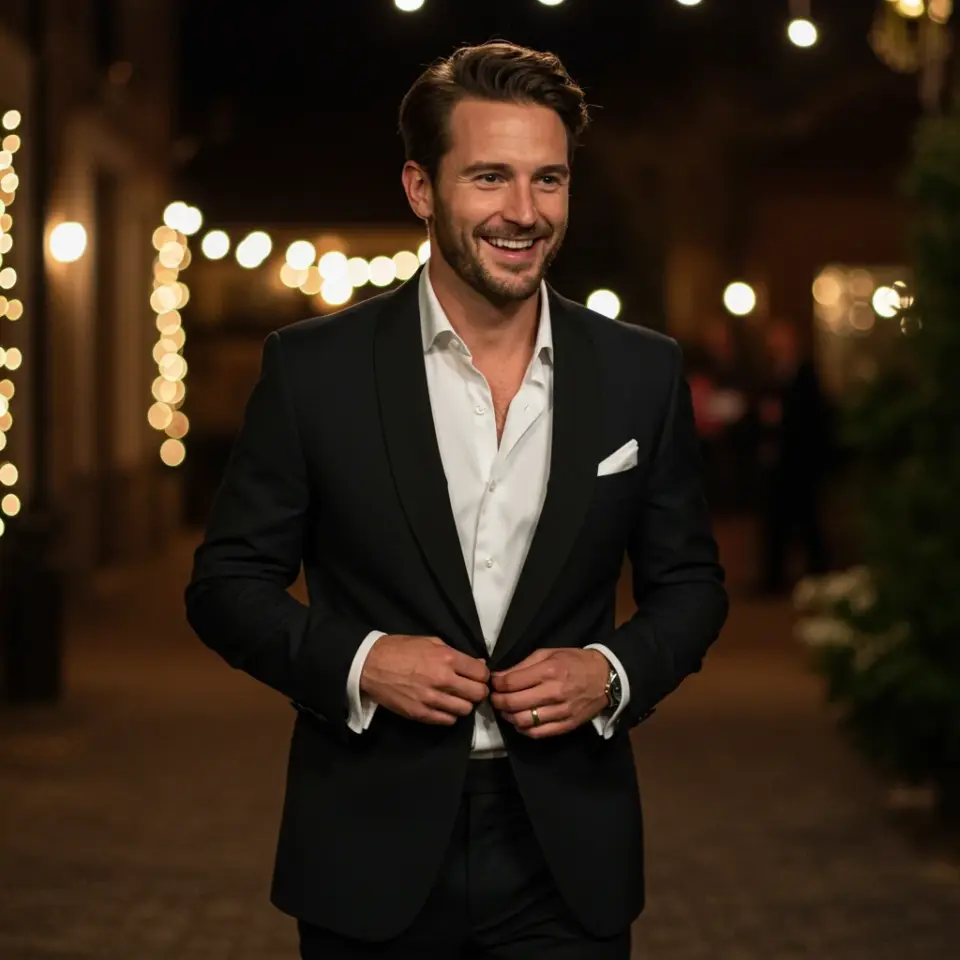 Smiling man in a suit walking at night with festive lights in the background.