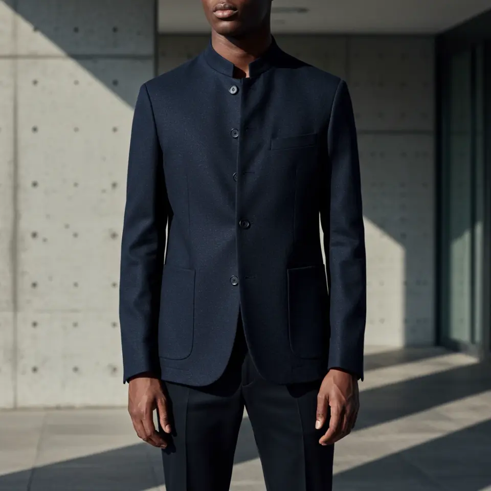 Man in a stylish dark mandarin collar suit stands against a modern concrete backdrop, blending elegance and sophistication.