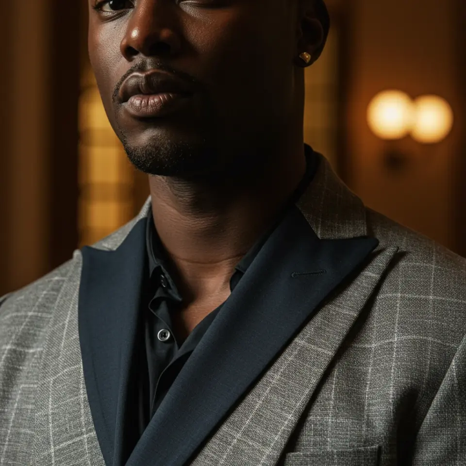 Man in a grey checkered suit with a dark shirt, styled with double suit lapels, posing confidently indoors with warm lighting.