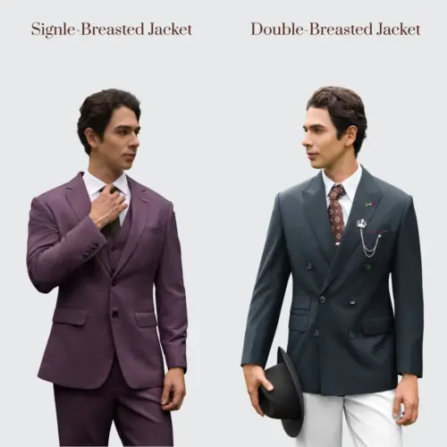 Man in single-breasted and another in double-breasted jacket showcasing different suit styles.