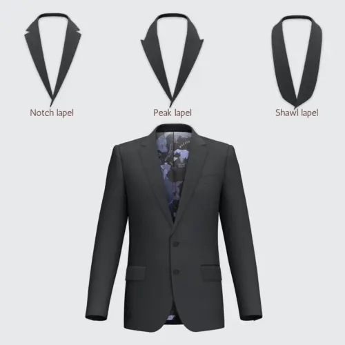 Men's suit jacket with three lapel styles: notch, peak, and shawl, demonstrating versatile fashion options.
