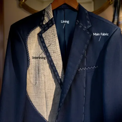 Navy suit jacket showing main fabric, lining, and interlining layers for tailored craftsmanship.