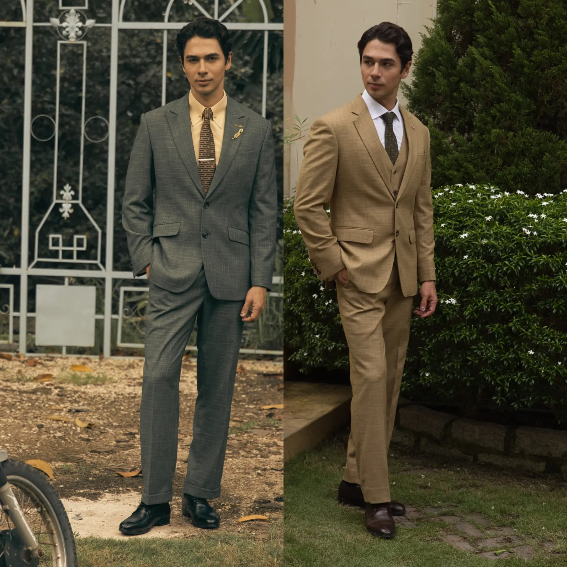 a man in 3-piece suit and a man in 2-piece suit standing in garden