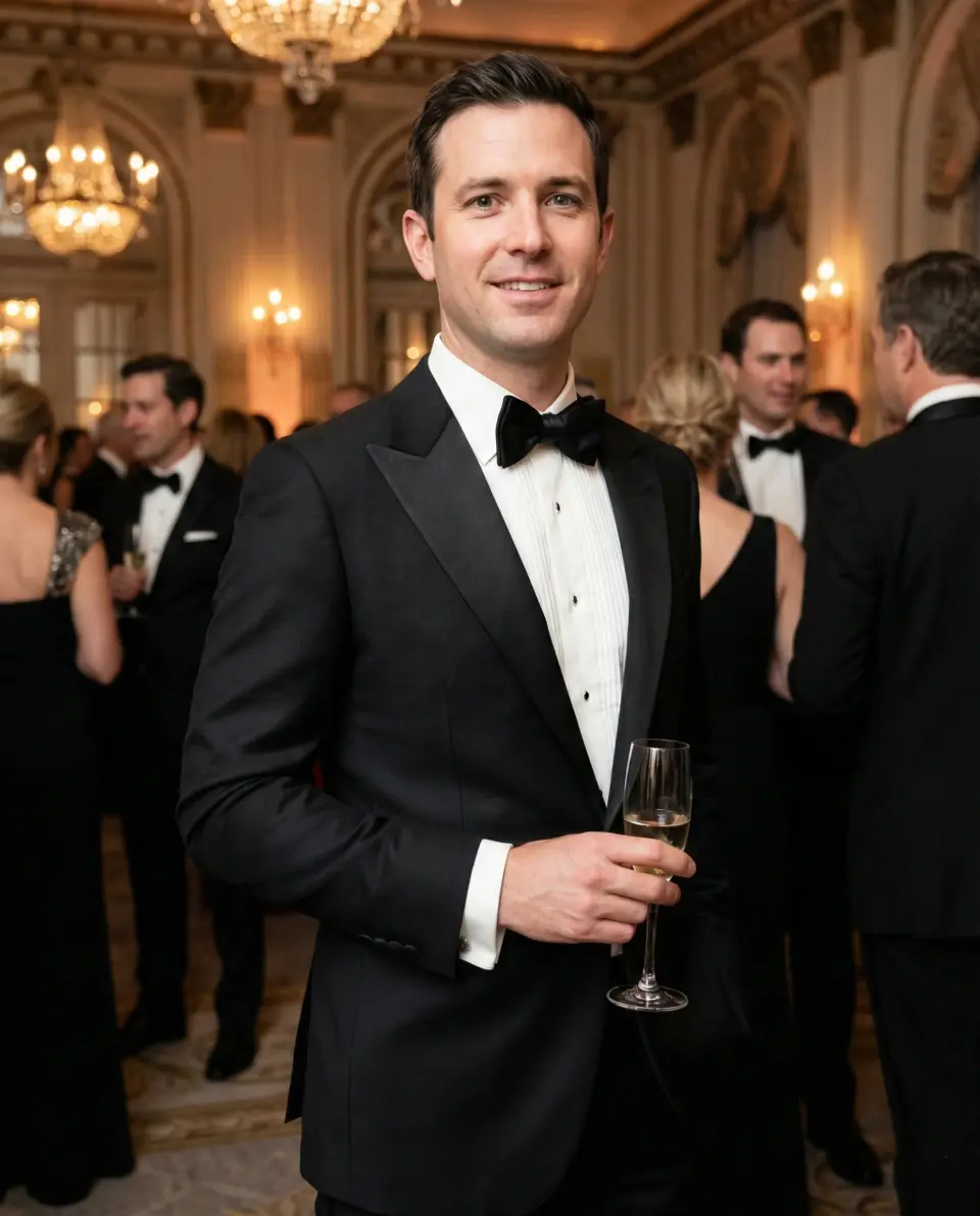 Man in a tuxedo holding champagne at an elegant ballroom event with chandeliers. Almost Men are in Bespoke Tailored Suits black-tie