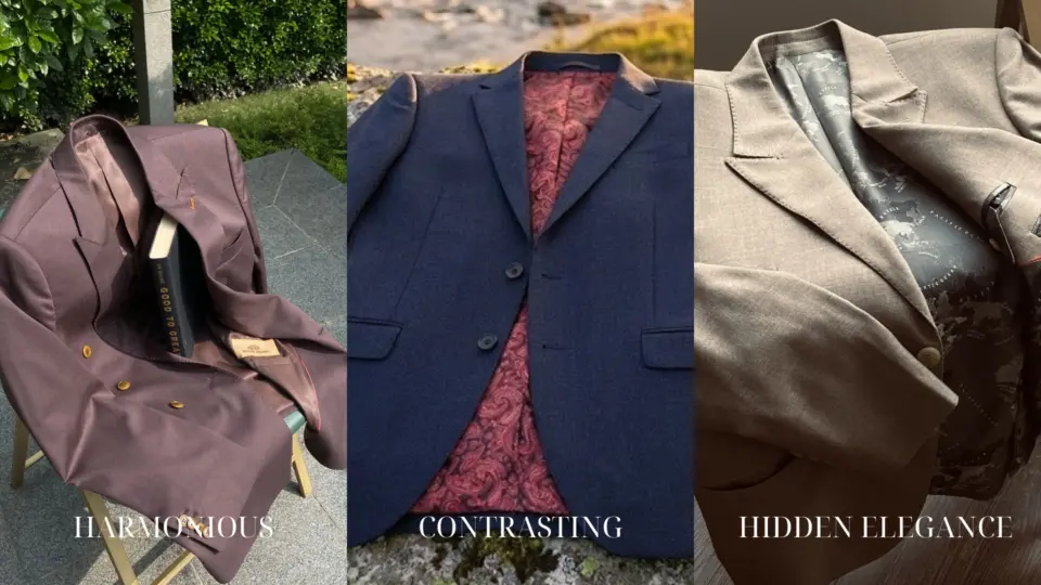 Three stylish blazers showcasing harmonious, contrasting, and hidden elegance with unique inner linings.