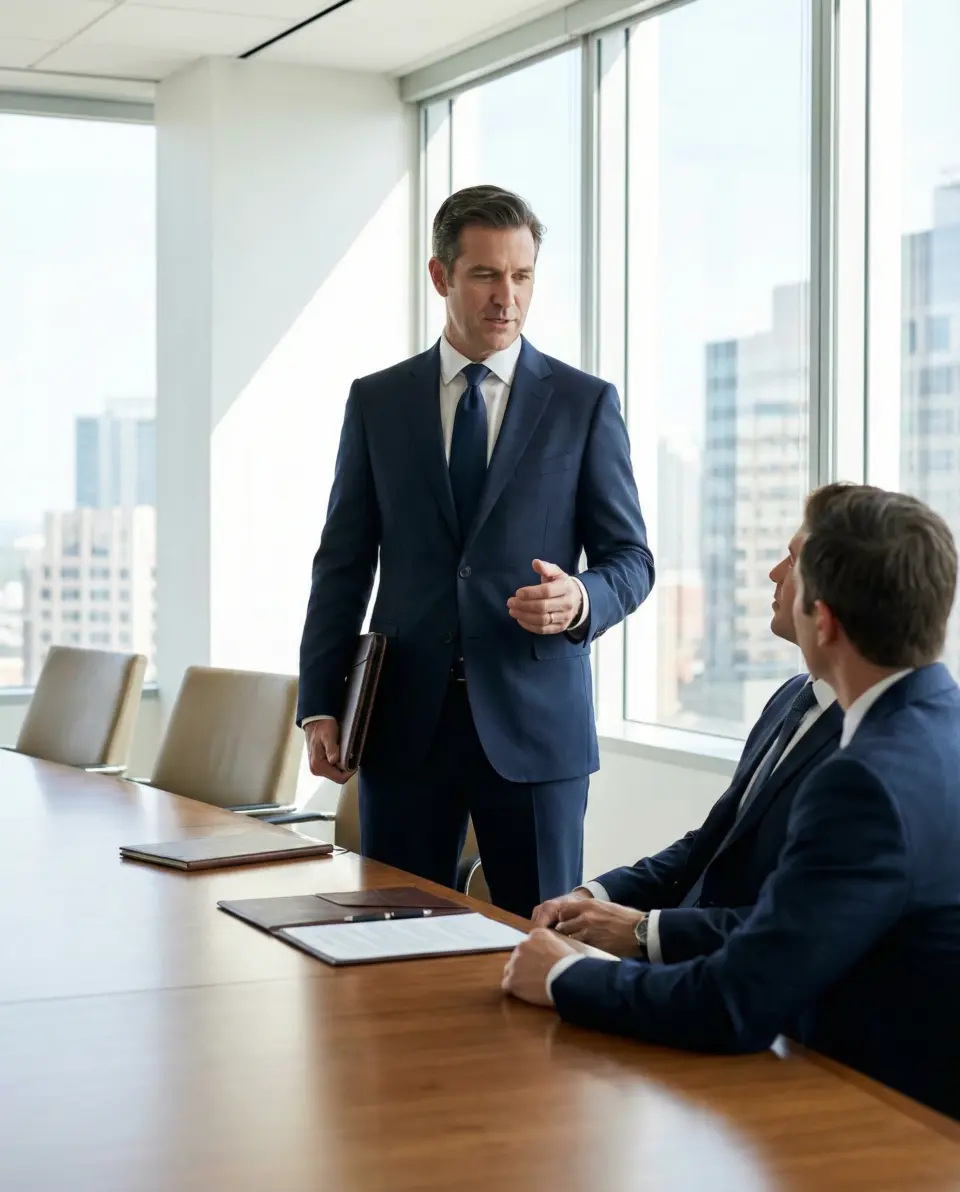 Businessman in a Business suit leading a meeting in a modern conference room with large windows and city view.