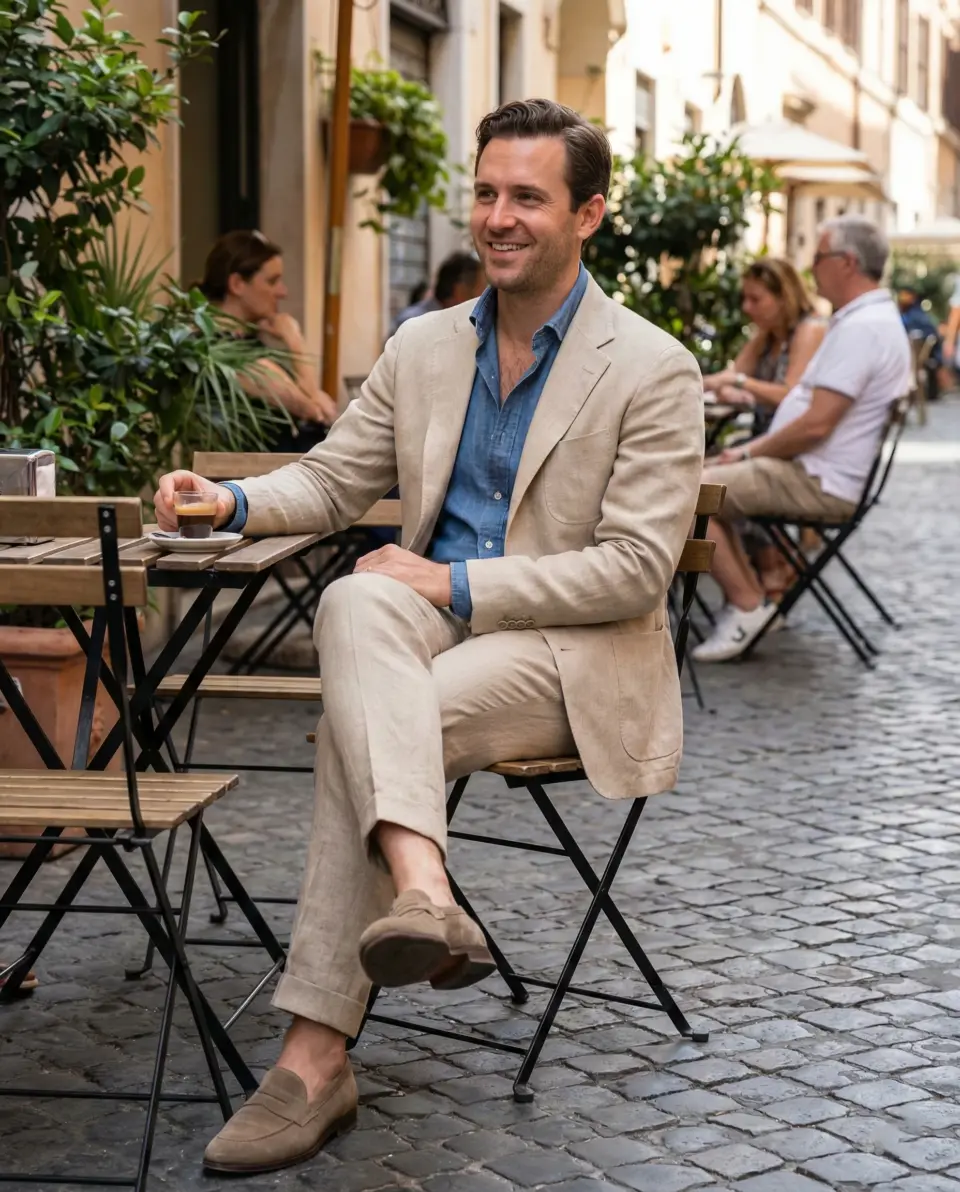 Person in beige linen suit enjoying espresso at an outdoor café in a charming cobblestone street setting.