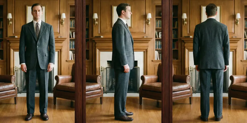 Man in a tailored classic fit suit shown from front, side, and back views in a classic wood-paneled room. This fit type is a classic fitted suits for men