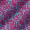 Teal fabric with vibrant pink floral embroidery pattern, showcasing intricate design details and rich texture.