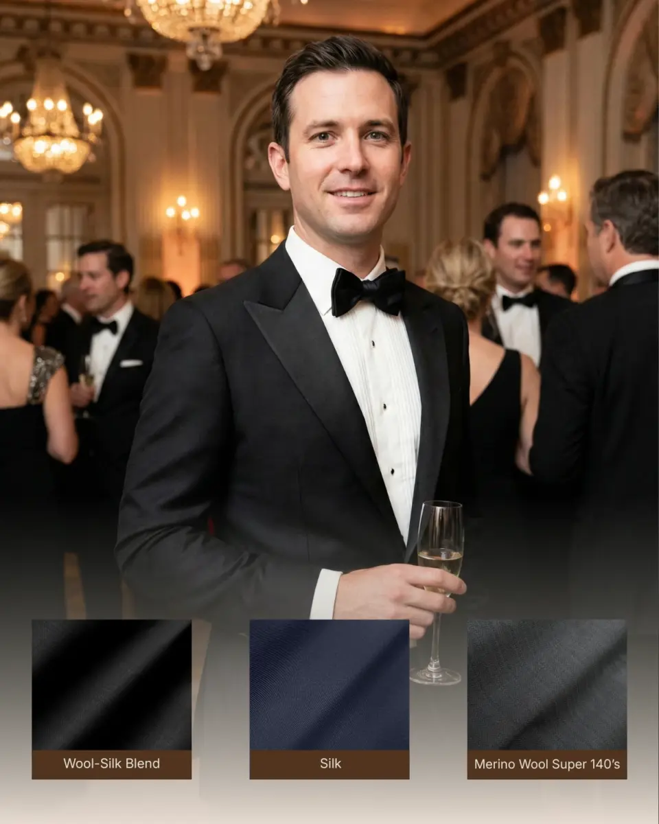 Man in a tuxedo holding a champagne glass at an elegant event. Fabric samples: Wool-Silk Blend, Silk, Merino Wool.