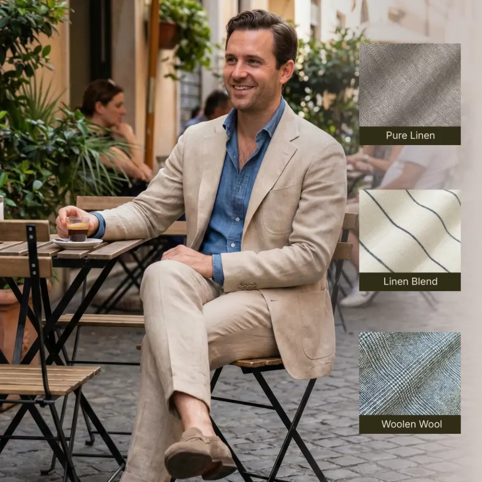 Man in beige linen suit enjoying espresso outdoors, showcasing fabric options: pure linen, linen blend, woolen wool.