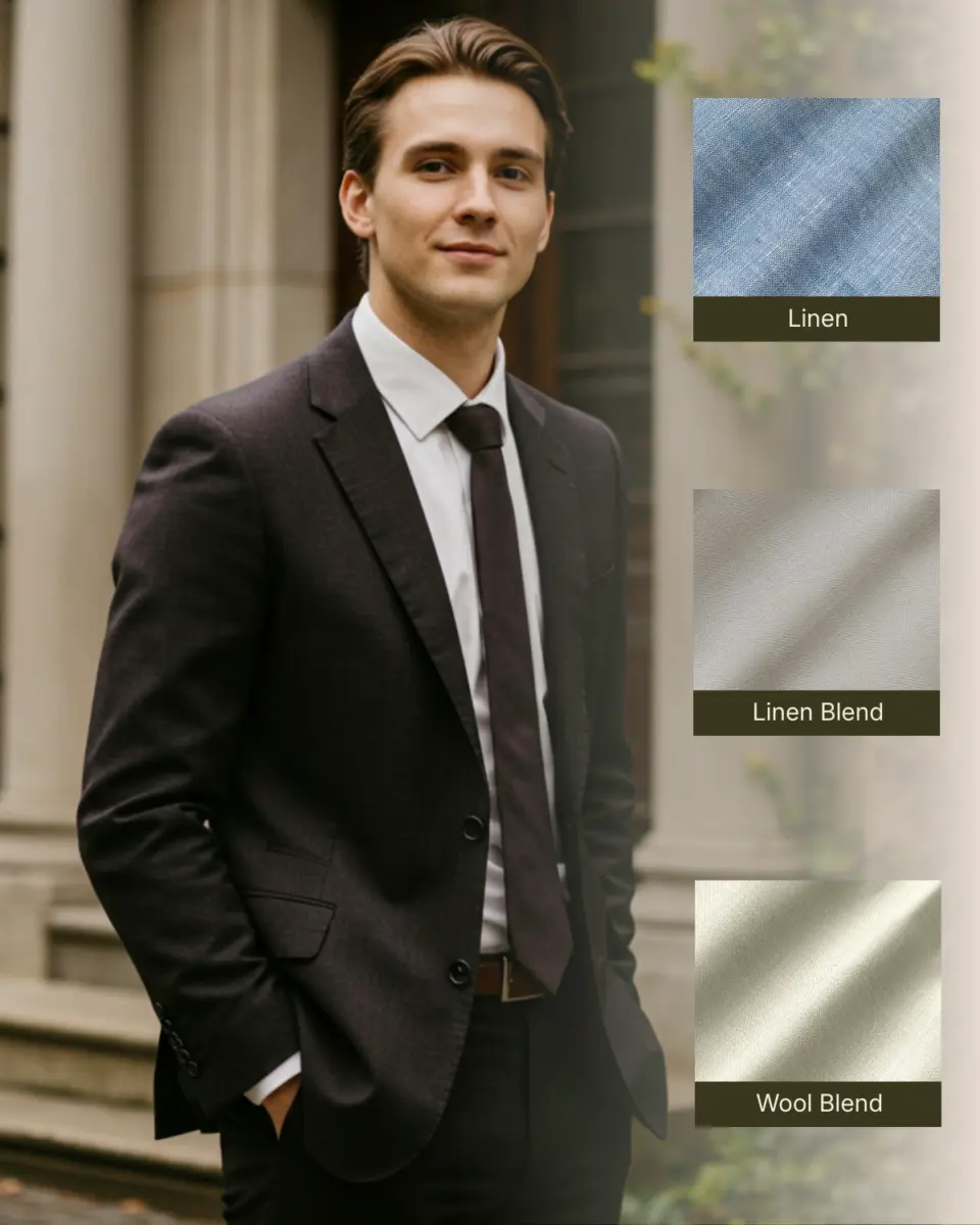 Man in a tailored suit with suit fabrics samples: linen, linen blend, wool blend, displayed in a professional setting.
