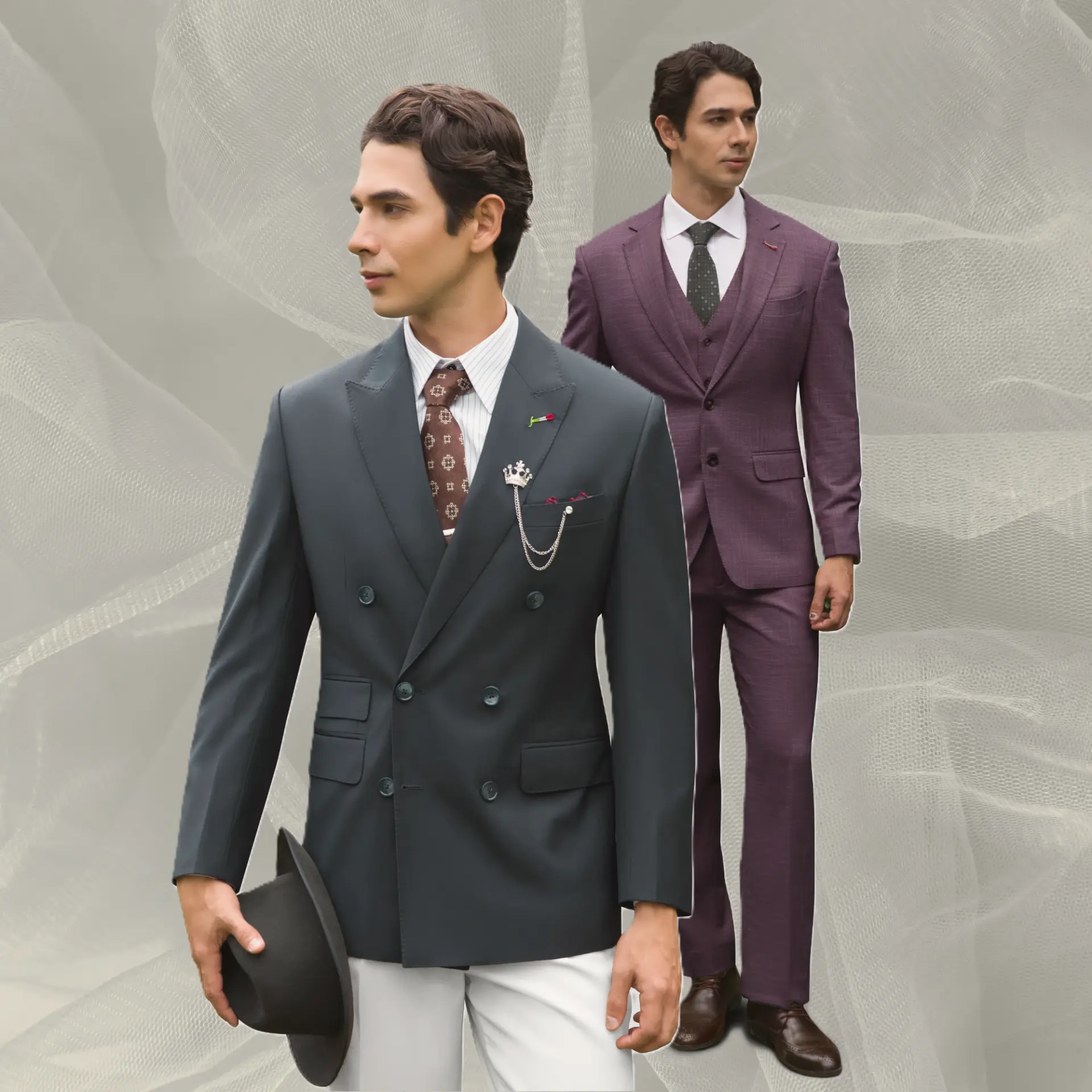 Two men in stylish suits; one in a navy double-breasted suit, the other in a purple suit, showcasing modern menswear.