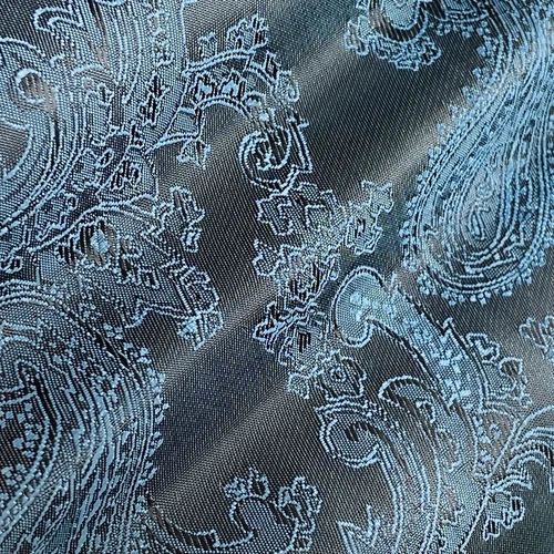 Close-up of blue paisley patterned fabric texture, showcasing intricate swirling designs for sewing or fashion inspiration.