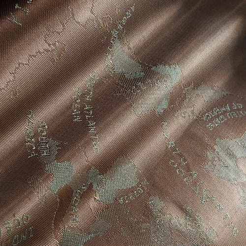 Detailed map pattern on luxurious brown fabric with shimmering texture.