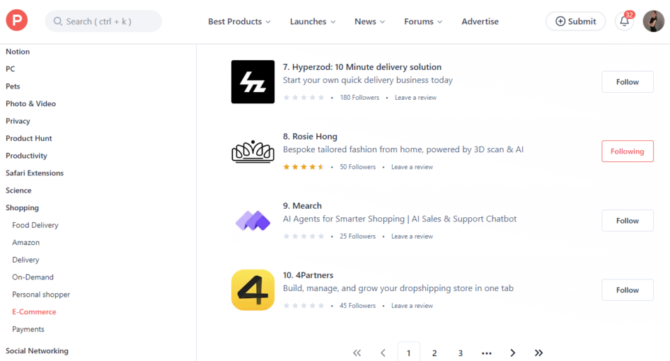 Best E-Commerce in July 2025, Product ranking list from 7 to 10 on Product Hunt, featuring delivery, fashion, AI shopping, and dropshipping solutions.