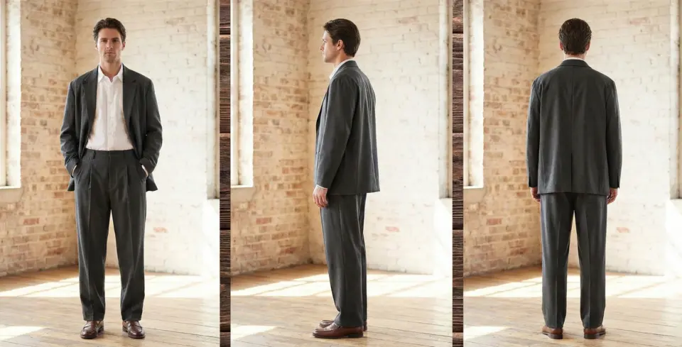 Man in a tailored gray relaxed fit suit, shown front, side, and back views, standing in a bright, loft-style room.