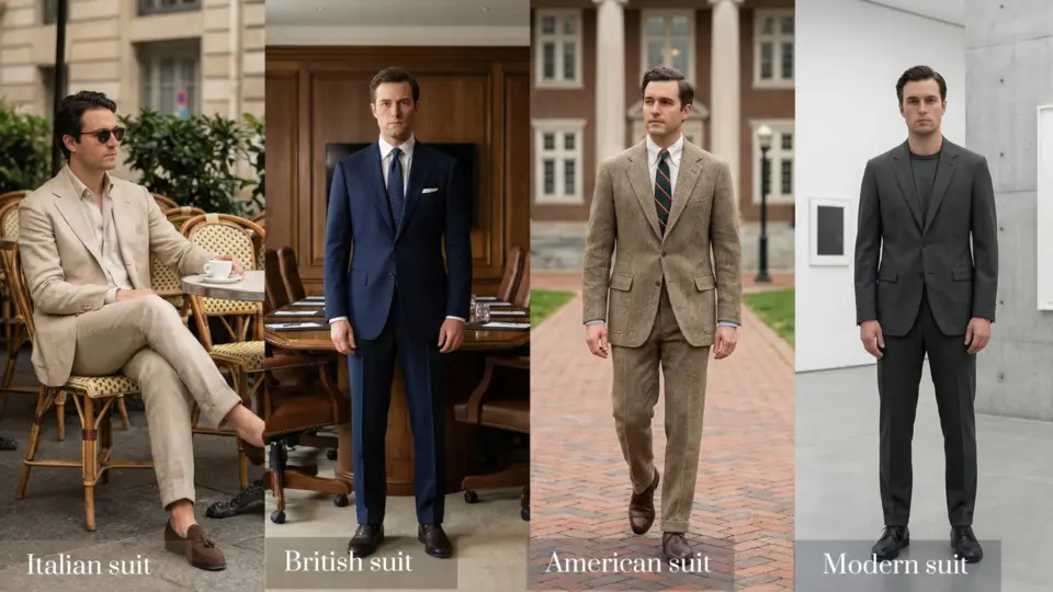 Four men in different suits: Italian, British, American, and modern styles, showcasing diverse men's fashion.