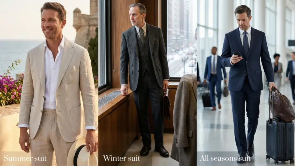 Three men in seasonal suits: beige summer, gray winter, navy all-seasons, showcasing diverse professional styles.