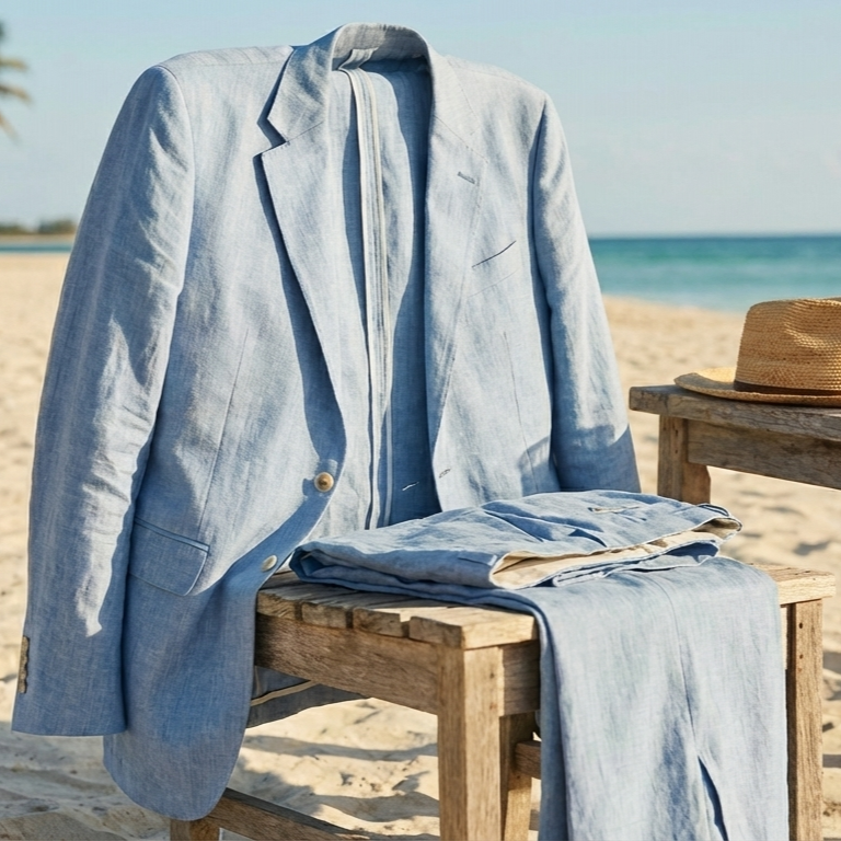 Light blue linen suit on wooden chair at beach, with hat nearby. Perfect for summer style or seaside occasion.