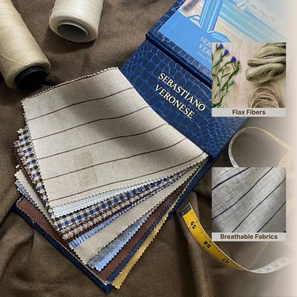 Linen fabric swatches and tailoring tools showcasing breathable flax fibers, highlighting material selection for a high-quality linen summer suit in bespoke tailoring.