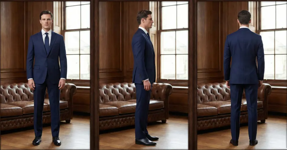 Man in a tailored blue tailor fit suit standing in front, side, and back view in a stylish wood-paneled room. Tailor-Fit is a leading choice among fitted suits for men
