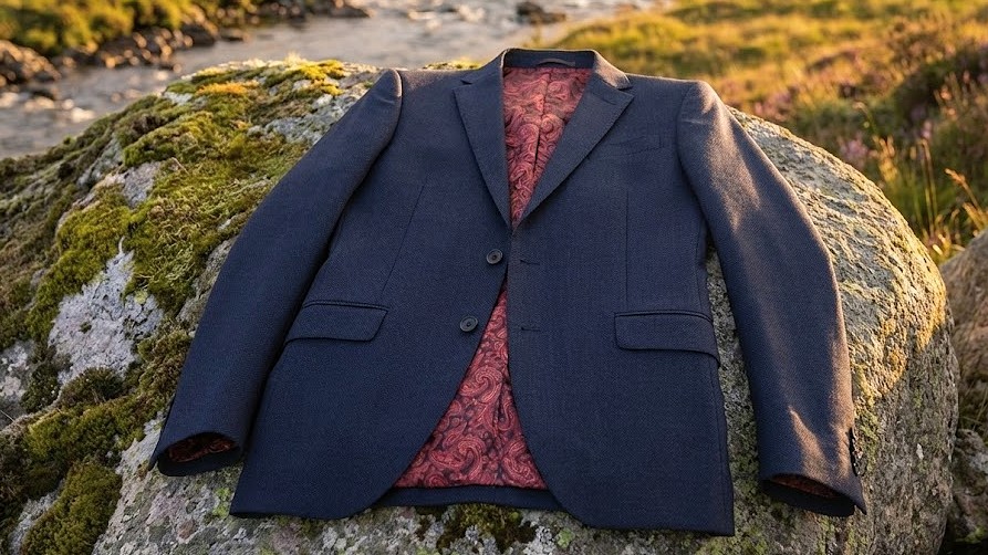 Elegant navy blazer with paisley lining on mossy rock, nature setting, river in background.