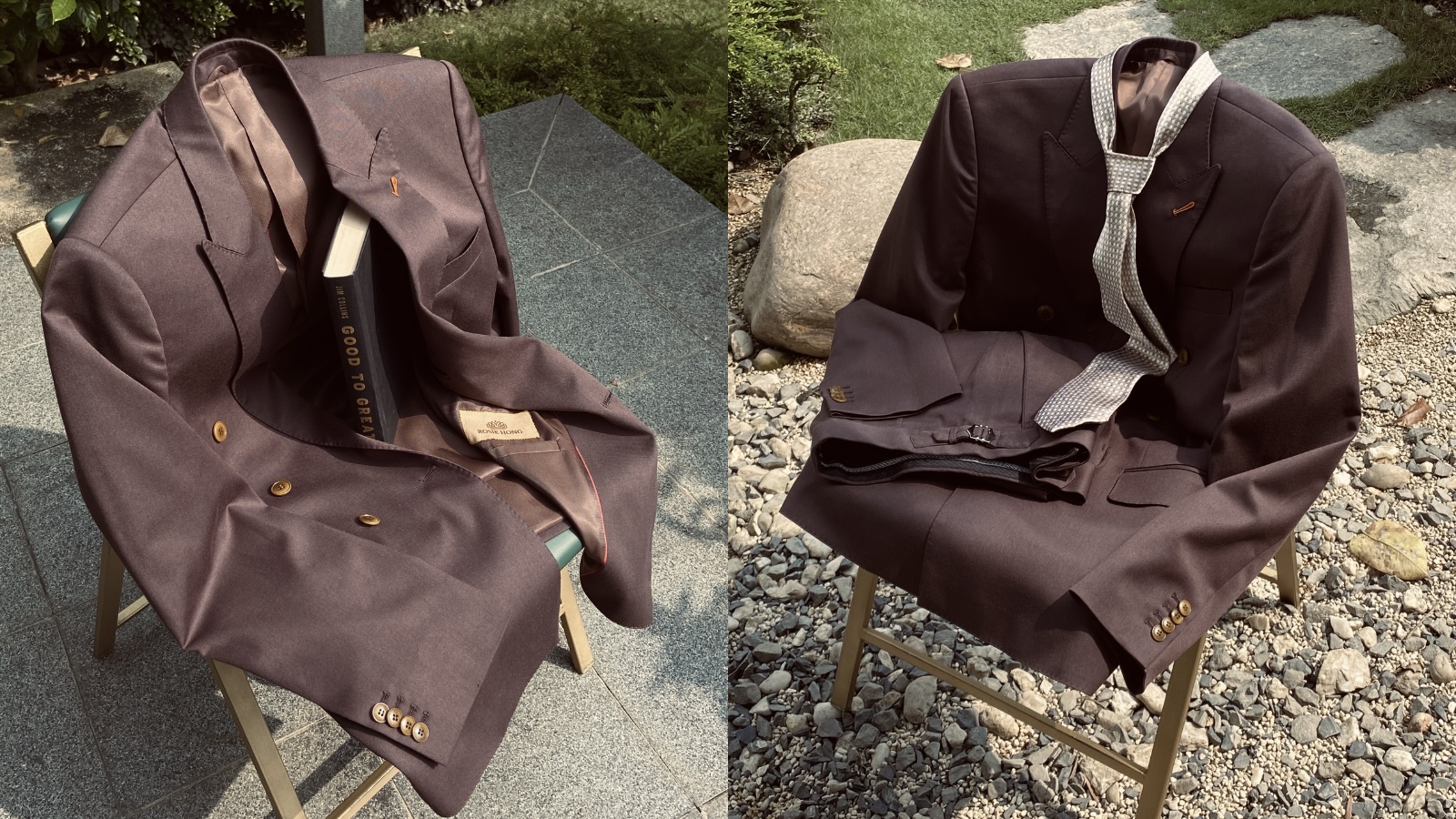 Two stylish brown suits on chairs, one holding a book, captured outdoors on a sunny day.
