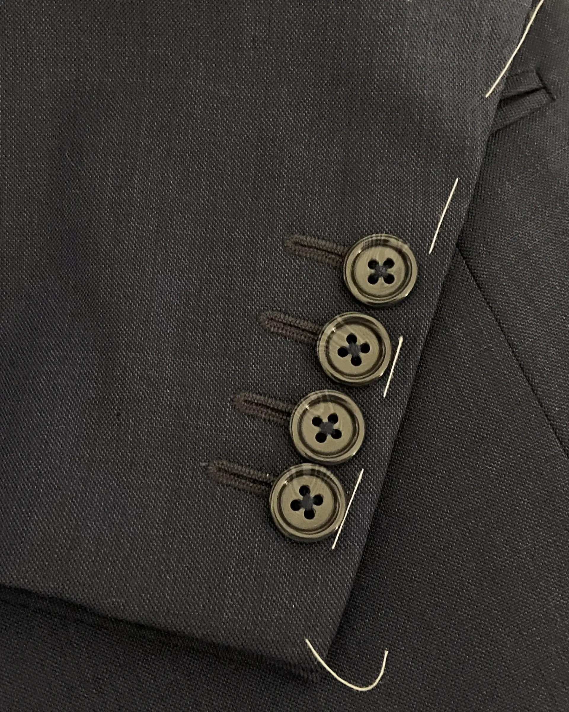 Close-up of a black suit sleeve with four black buttons and visible stitching detail.