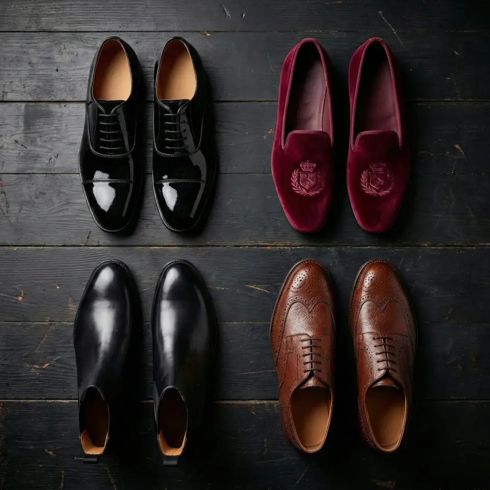 Four pairs of men's formal shoes: black patent, burgundy velvet, black leather boots, and brown brogues on wooden floor.