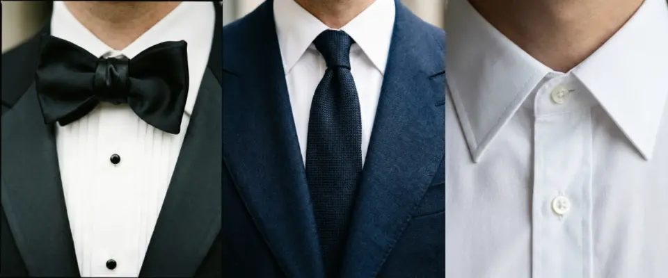 Close-up of a tuxedo with bow tie, suit with necktie, and plain white shirt, highlighting diverse formal attire styles.